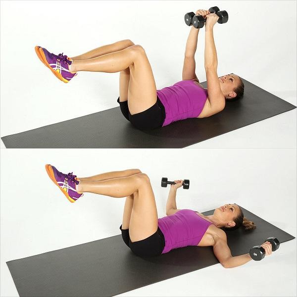 Latihan dengan dumbbells untuk wanita, gadis untuk punggung, lengan, otot dada, punggung, abs, di rumah untuk pemula