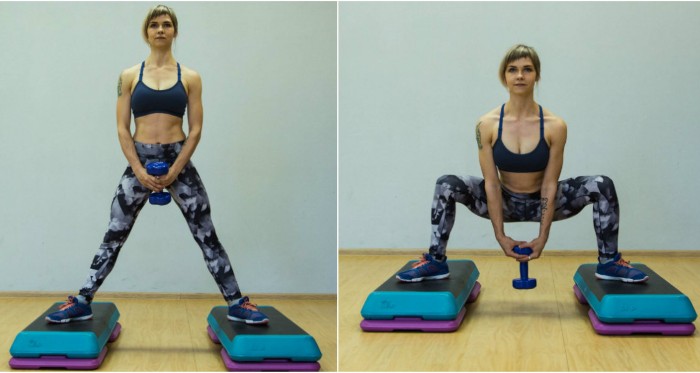 Latihan dengan dumbbells untuk wanita, gadis untuk punggung, lengan, otot dada, punggung, abs, di rumah untuk pemula