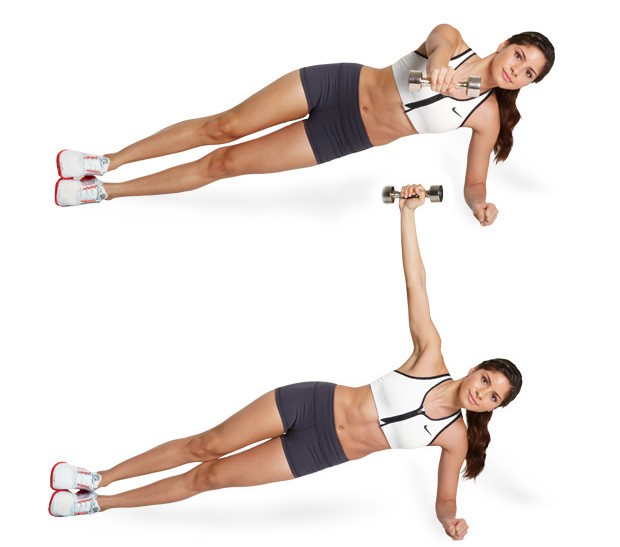 Latihan dengan dumbbells untuk wanita, gadis untuk punggung, lengan, otot dada, punggung, abs, di rumah untuk pemula