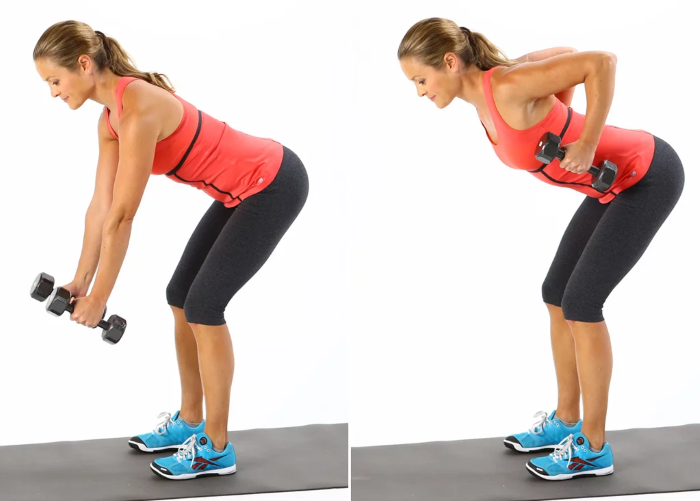 Latihan dengan dumbbells untuk wanita, gadis untuk punggung, lengan, otot dada, punggung, abs, di rumah untuk pemula