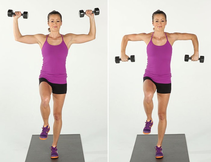 Latihan dengan dumbbells untuk wanita, gadis untuk punggung, lengan, otot dada, punggung, abs, di rumah untuk pemula