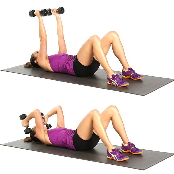 Latihan dengan dumbbells untuk wanita, gadis untuk punggung, lengan, otot dada, punggung, abs, di rumah untuk pemula