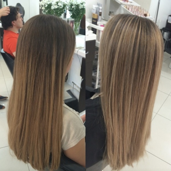 Điểm nổi bật trên tóc trung bình đậm. Màu thời trang trên mẹo, mặt sau và mặt trước, ảnh