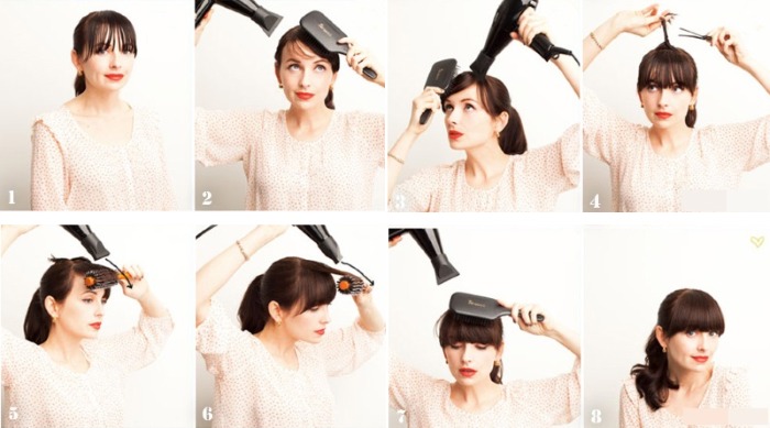 Modieuze haarstyling voor halflang haar met pony, rechte krullen en mooie krullen. Stap voor stap instructies met foto