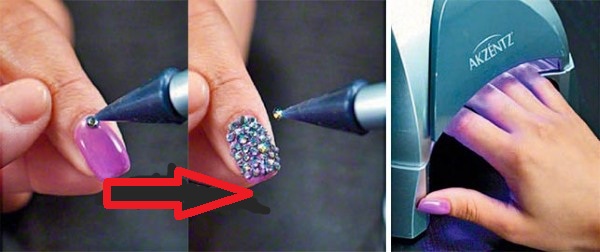 Thiết kế với kim cương giả trên móng tay. Hình ảnh về bàn tay, bàn chân, cách sửa gel bằng dầu bóng đúng và đẹp. Ý tưởng và tính mới của việc làm móng