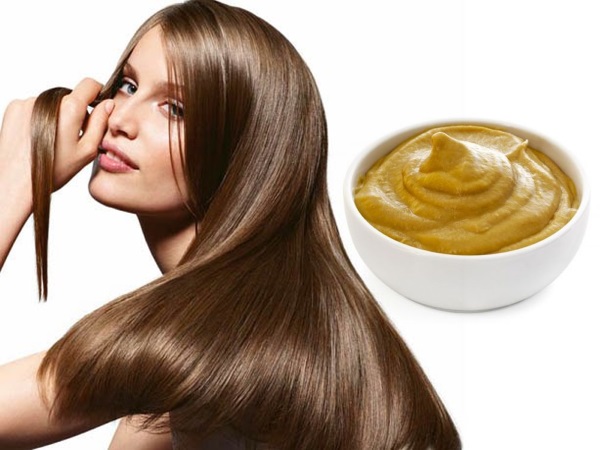 Mặt nạ mọc tóc với mù tạt. Công thức nấu ăn với đường, mật ong, dầu ngưu bàng