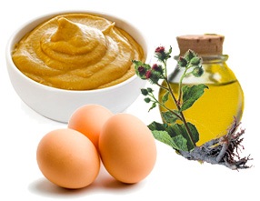 Mặt nạ mọc tóc với mù tạt. Công thức nấu ăn với đường, mật ong, dầu ngưu bàng