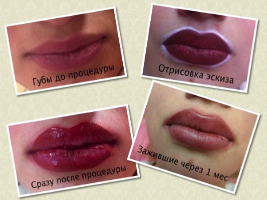 Tatu bibir dengan warna: warna semula jadi, 3D, miass, karamel, foto