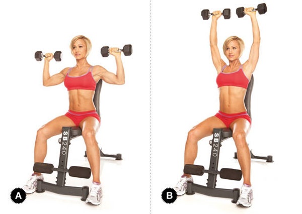 Latihan asas untuk kanak-kanak perempuan di bahu dengan berat badan sendiri, dumbbells, barbell, kettlebell, expander, di rumah dan di gim