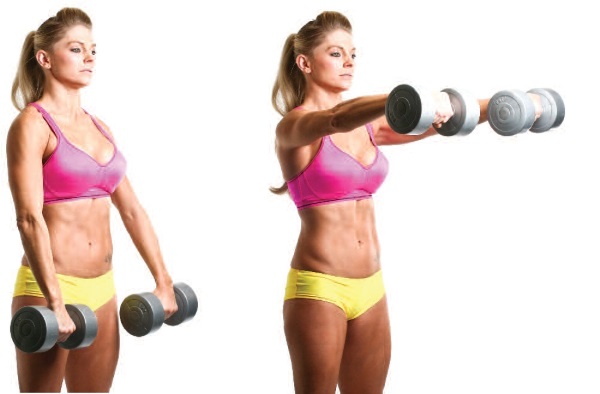 Latihan asas untuk kanak-kanak perempuan di bahu dengan berat badan sendiri, dumbbells, barbell, kettlebell, expander, di rumah dan di gim