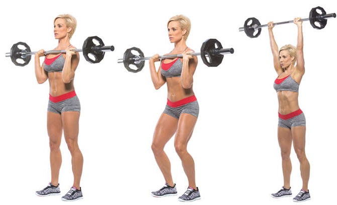 Latihan asas untuk kanak-kanak perempuan di bahu dengan berat badan sendiri, dumbbells, barbell, kettlebell, expander, di rumah dan di gim