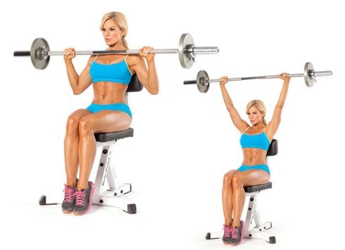 Latihan asas untuk kanak-kanak perempuan di bahu dengan berat badan sendiri, dumbbells, barbell, kettlebell, expander, di rumah dan di gim