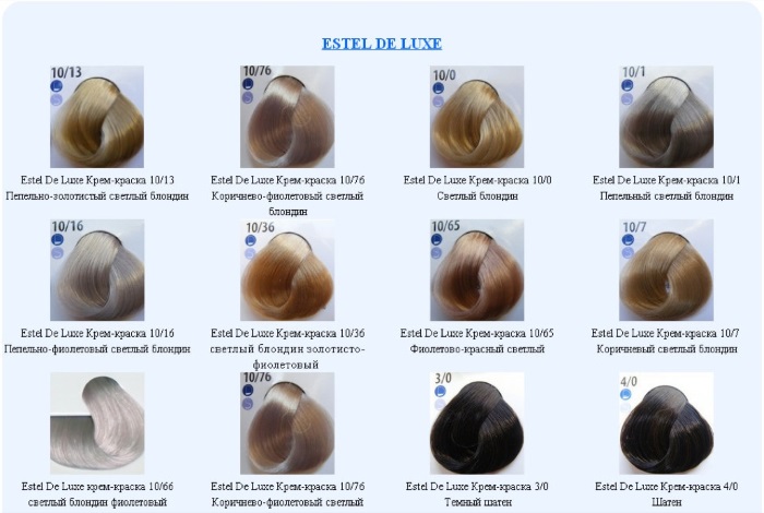 طلاء استل. لوحة الألوان ، صورة الشعر: الأرقام ، أسماء الظلال لكل السلاسل: Deluxe ، Blond ، Essex ، Princess ، Couture ، Newton