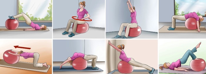 Bài tập cho cột sống với bóng theo Bubnovsky, với bệnh thoái hóa xương và thoát vị cột sống thắt lưng