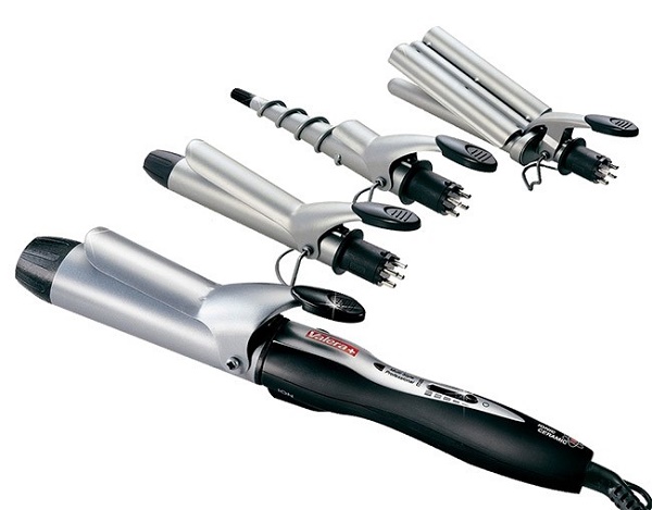 Cara berputar pada besi pengeriting dengan klip, muncung, Babyliss, Sinbo, kerucut, dengan spiral, gelombang Eric, wortel