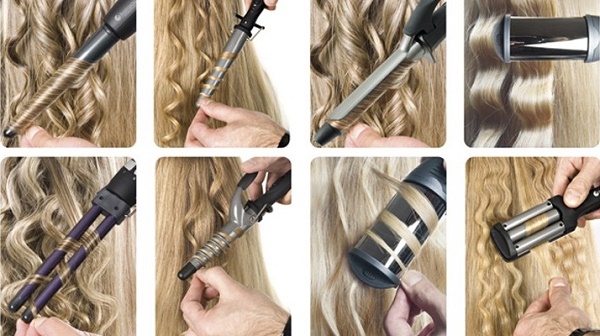 Cara berputar pada besi pengeriting dengan klip, muncung, Babyliss, Sinbo, kerucut, dengan spiral, gelombang Eric, wortel