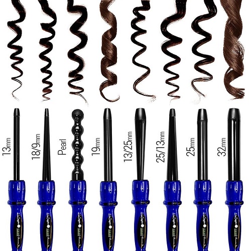 Cara berputar pada besi pengeriting dengan penjepit, muncung, Babyliss, Sinbo, kerucut, dengan spiral, gelombang Eric, wortel