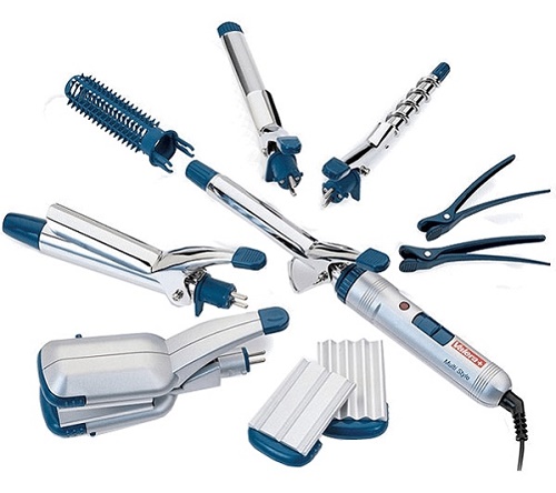 Cara berputar pada besi pengeriting dengan klip, muncung, Babyliss, Sinbo, kerucut, dengan spiral, gelombang Eric, wortel