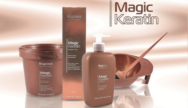Kapus tintas com ácido hialurônico. Paleta de cores, instruções sobre como misturar, soro regenerador, xampu, preenchedor, spray