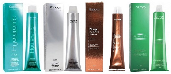 Kapus tintas com ácido hialurônico. Paleta de cores, instruções sobre como misturar, soro regenerador, xampu, preenchedor, spray