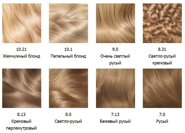 Thuốc nhuộm tóc Garnier. Bảng màu, ảnh: Naturals, Senseishen, Shine, Olia, caramel, alder, ngọc trai-tro, vàng đậm, bờ cát, tóc vàng nhạt