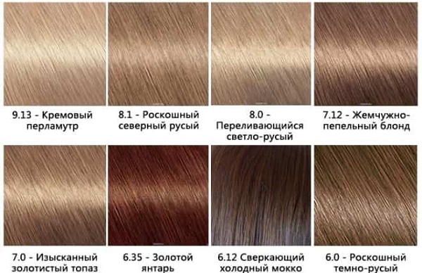 Thuốc nhuộm tóc Garnier. Bảng màu, ảnh: Naturals, Senseishen, Shine, Olia, caramel, alder, ngọc trai-tro, vàng đậm, bờ cát, vàng nhạt