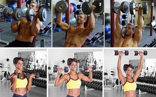 Latihan dengan dumbbell di bahu di rumah untuk lelaki dan wanita