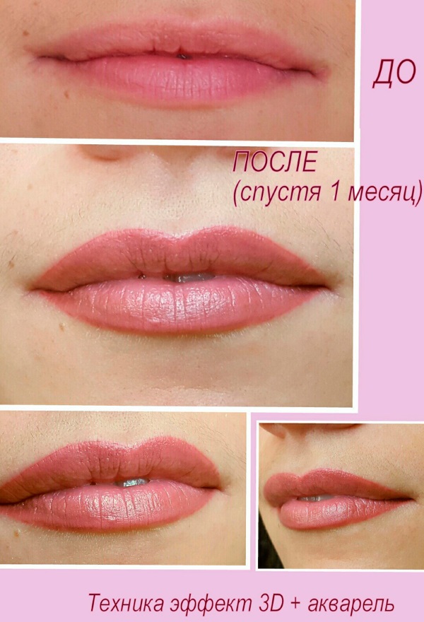 Trang điểm môi vĩnh viễn: với bóng mờ, hiệu ứng mở rộng, 3d, ombre, trong kỹ thuật màu nước, môi nhung. Ảnh trước và sau