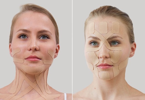 Gravação Kinesio. O que é isso em cosmetologia, medicina, esportes. Fitas, estética, drenagem linfática de rugas, dobras nasolabiais