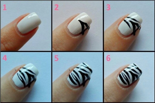 Manicure com verniz preto e branco para unhas curtas e longas. Fotos, designs