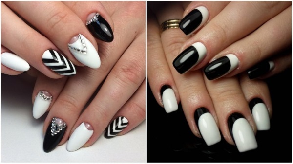 Manicure com verniz preto e branco para unhas curtas e longas. Fotos, designs