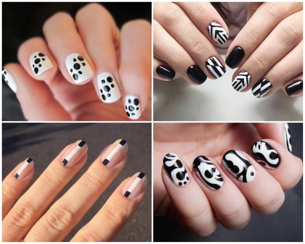 Manicure com verniz preto e branco para unhas curtas e longas. Fotos, designs