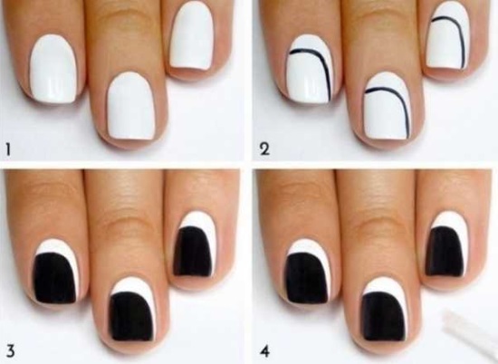 Manicure com verniz preto e branco para unhas curtas e longas. Fotos, designs