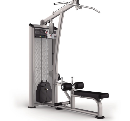 Tração vertical da máquina de exercício. Técnica para sentar, de costas, atrás da cabeça, com pegada estreita para mulheres
