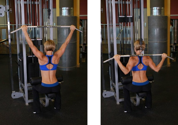Tração vertical da máquina de exercício. Técnica para sentar, de costas, atrás da cabeça, com pegada estreita para mulheres