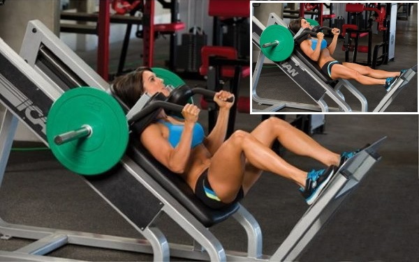 Squats trong máy mô phỏng hack (máy) với thanh tạ, đảo ngược, ép chân, cho mông