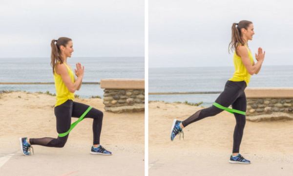 Exercícios com elástico para as pernas e nádegas para mulher sentada em uma cadeira, em pé, deitada e outros
