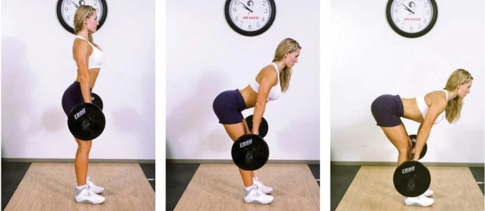 Deadlift với thanh tạ cho nữ, bánh tạ, dây thun. Kỹ thuật thực hiện trên chân thẳng, cong