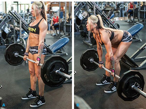 Deadlift với thanh tạ cho nữ, bánh tạ, dây thun. Kỹ thuật thực hiện trên chân thẳng, cong