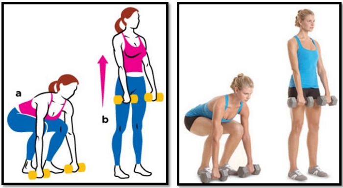 Deadlift với thanh tạ cho nữ, bánh tạ, dây thun. Kỹ thuật thực hiện trên chân thẳng, cong