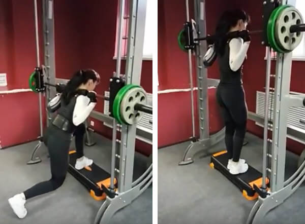 Lunges in Smith untuk kanak-kanak perempuan. Teknik pelaksanaan dari platform, mundur, langkah, bangku