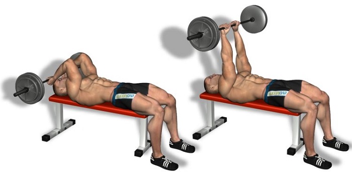 French bench press với một thanh tạ, tạ, đứng, ngồi. Kỹ thuật thực hiện