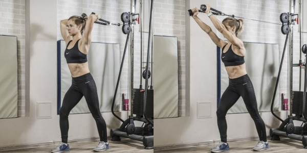 Sambungan Crossover Triceps. Teknik dengan tali, pegangan lurus, satu kuncir, dua tangan