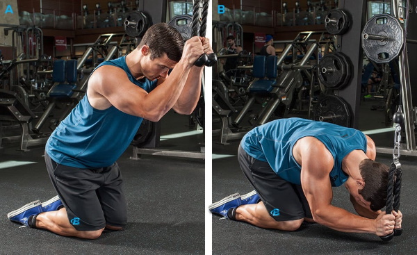 Sambungan Crossover Triceps. Teknik dengan tali, pegangan lurus, satu kuncir, dua tangan