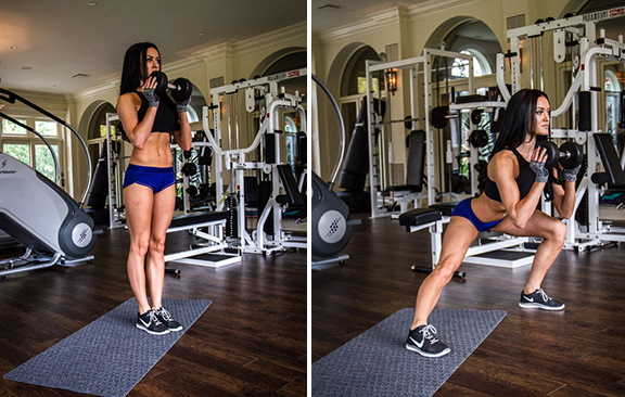 Paru-paru pada setiap kaki. Seperti yang ada, teknik dengan dumbbells, melompat ke atas, berat untuk anak perempuan. Gambar