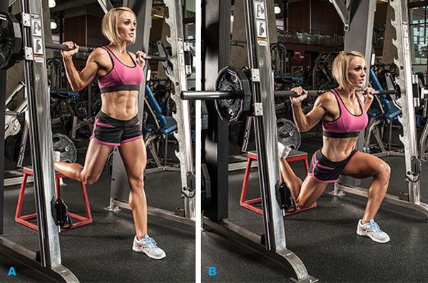 Paru-paru pada setiap kaki. Seperti yang ada, teknik dengan dumbbells, melompat ke atas, berat untuk anak perempuan. Gambar