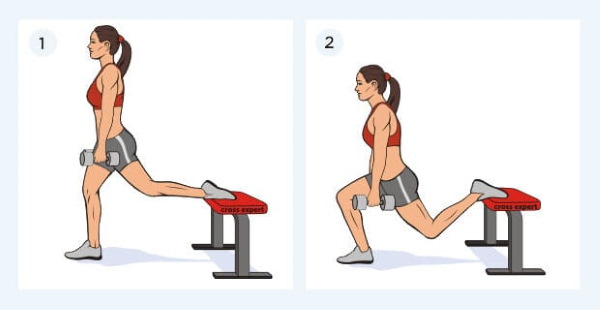 Paru-paru pada setiap kaki. Seperti yang ada, teknik dengan dumbbells, melompat ke atas, berat untuk anak perempuan. Gambar