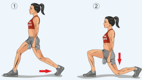 Paru-paru pada setiap kaki. Seperti yang ada, teknik dengan dumbbells, melompat ke atas, berat untuk anak perempuan. Gambar
