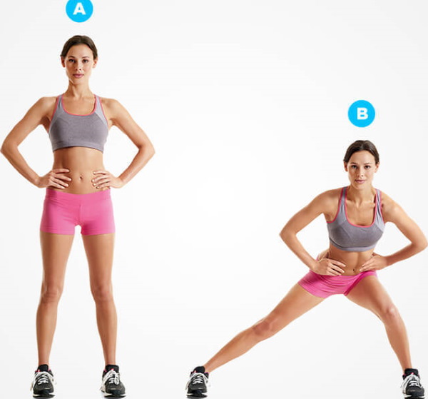 Paru-paru pada setiap kaki. Seperti yang ada, teknik dengan dumbbells, melompat ke atas, berat untuk anak perempuan. Gambar