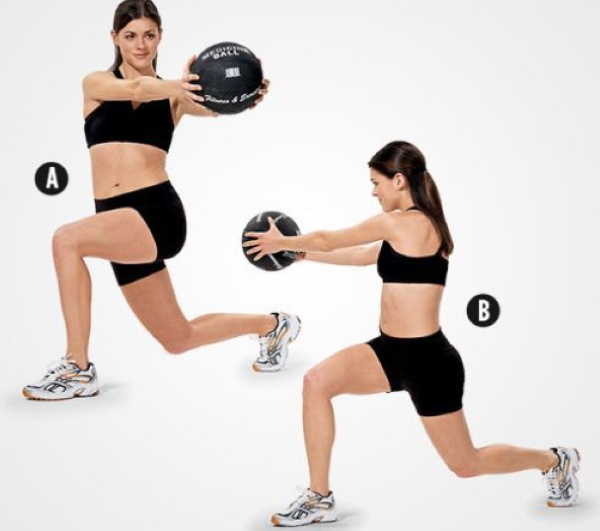 Paru-paru pada setiap kaki.Seperti yang ada, teknik dengan dumbbells, melompat ke atas, berat untuk anak perempuan. Gambar